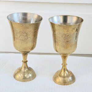 3/$75🥳 Vintage MCM Etched Indian Brass Goblets – Set of 2 – Mid-Century Modern